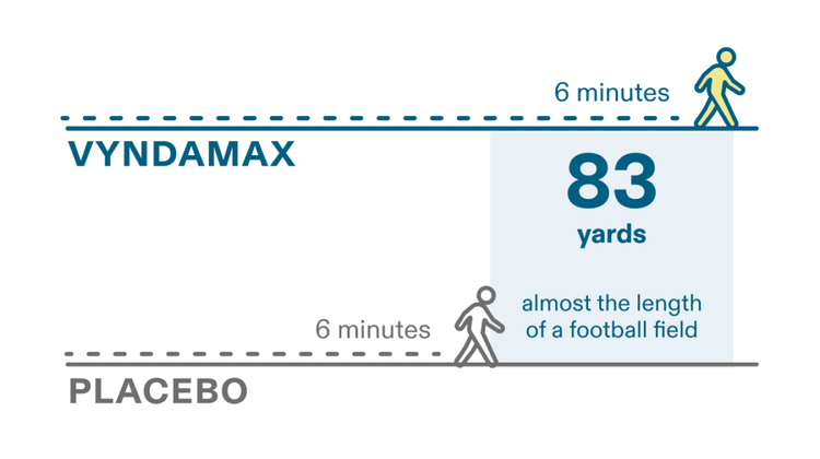 Illustration depicting the 6 minute walk test, at the end of the clinical trial, people who took VYNDAMAX (tafamidis) were able to walk 83 yards more on average than people who took placebo. See safety info.