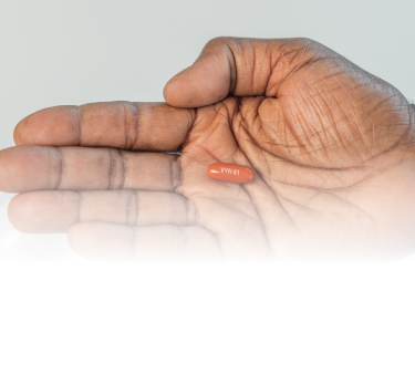 A hand with palm facing up holding a VYNDAMAX (tafamidis) pill